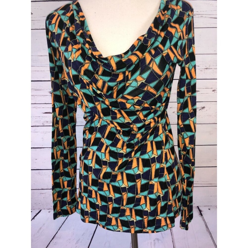 Cabi Small Long Sleeve Shirt Faux wrap ruched Gathered Front Geometric Colorful